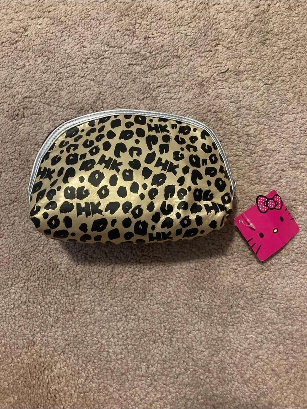 Hello Kitty Gold Leopard Print Cosmetic Pouch with Silver Trim